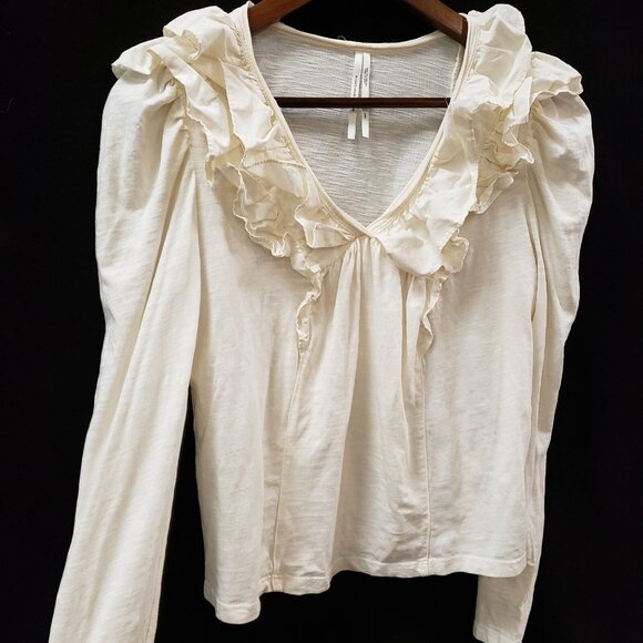 By Anthropologie Womens Ruffle Deep V Neck Top Size XS Petite Ivory Regencycore - Picture 2 of 12